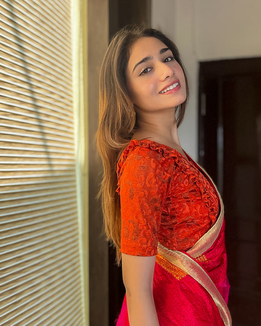 Model pairing the blouse with a saree or skirt for a festive look