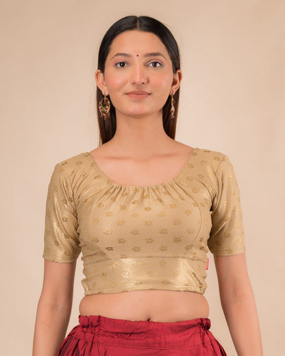 Model wearing a metallic zig-zag striped stretchable choli-style blouse with elbow sleeves and round neckline