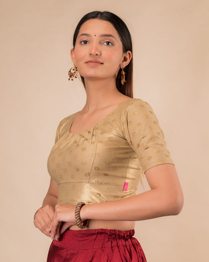 Side profile highlighting the gathered fit and sleeve length