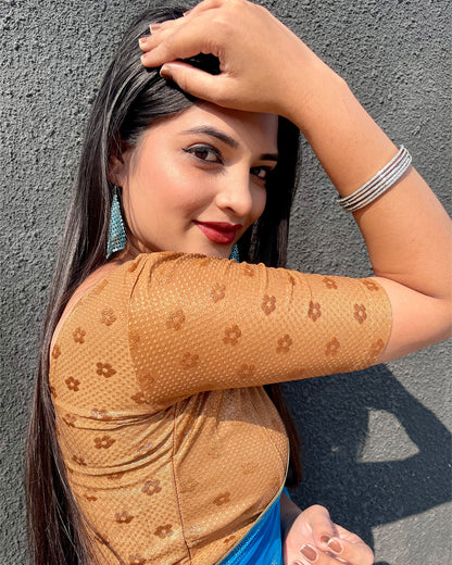 Model pairing the blouse with a saree for an Indo-western look