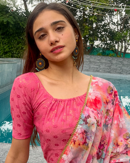 Model pairing the blouse with a saree for an Indo-western look