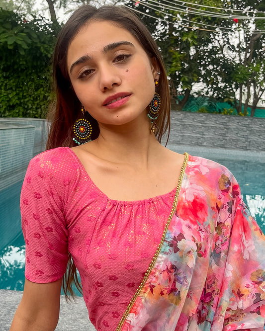 Model pairing the blouse with a saree for an Indo-western look