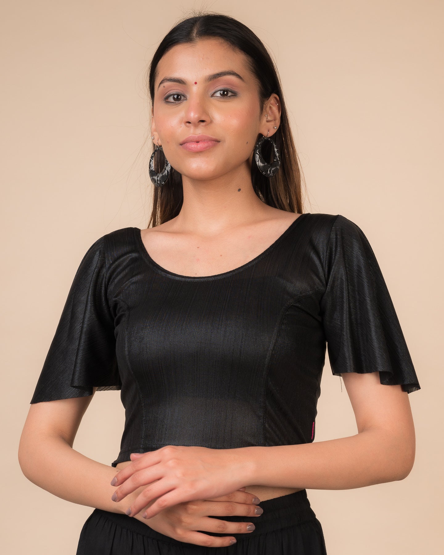 Nisha Metallic Black Shiny Bell Sleeve Stretchable Slip On Party Blouse Advi