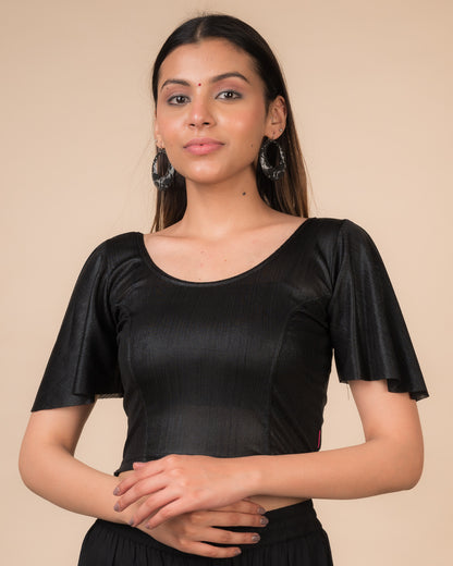 Nisha Metallic Black Shiny Bell Sleeve Stretchable Slip On Party Blouse Advi