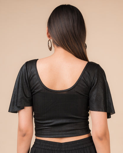Nisha Metallic Black Shiny Bell Sleeve Stretchable Slip On Party Blouse Advi