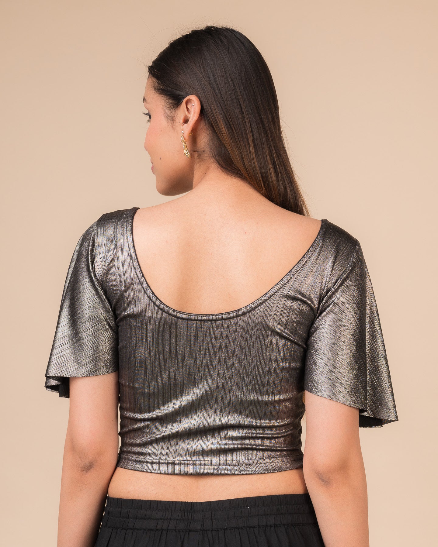 Nisha Silver Metallic Stretchable Bell Sleeve Slip On Party Blouse Advi