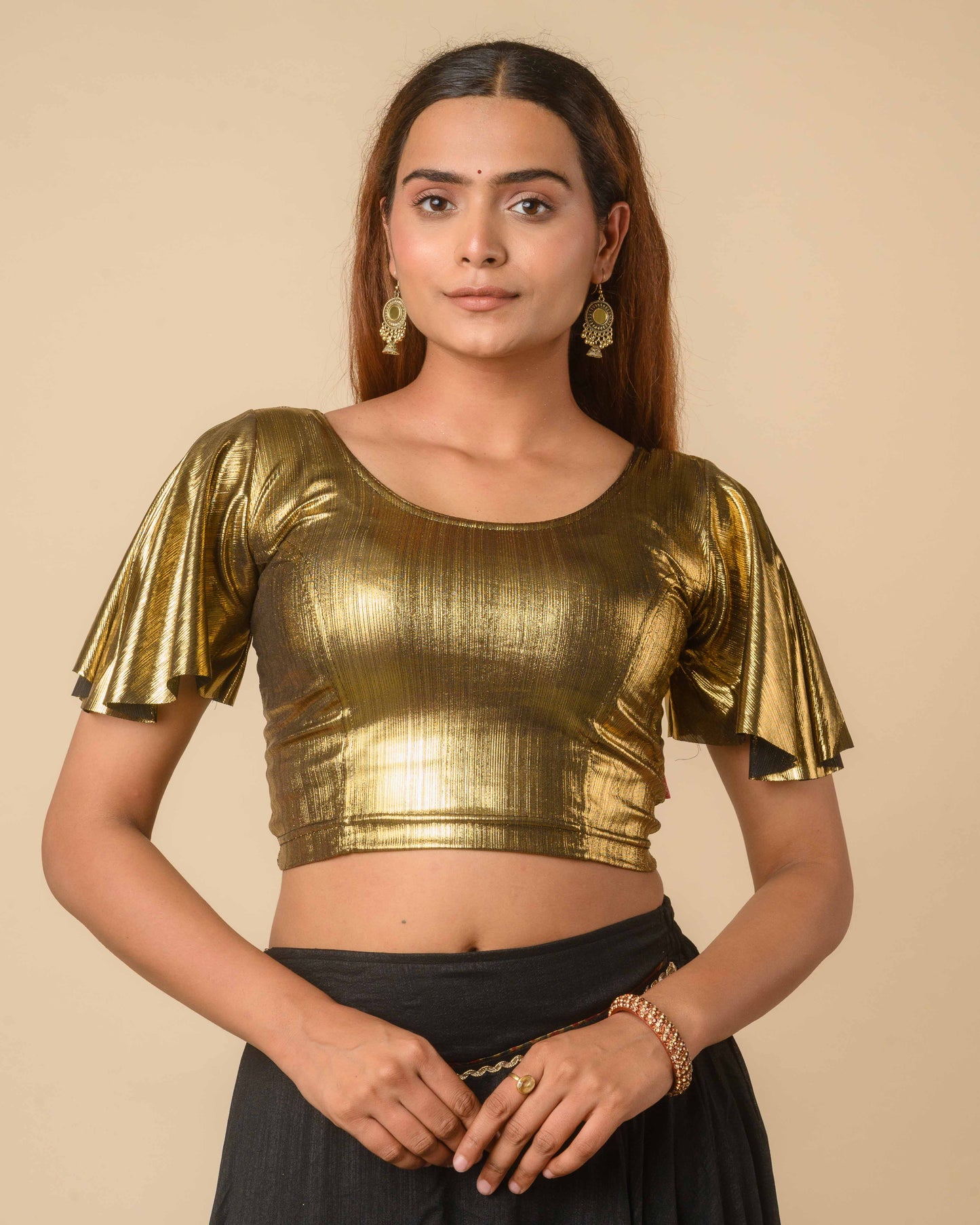 Nisha Metallic Black Gold Shiny Bell Sleeve Stretchable Slip On Party Blouse Advi