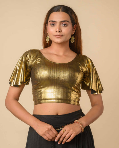 Nisha Metallic Black Gold Shiny Bell Sleeve Stretchable Slip On Party Blouse Advi