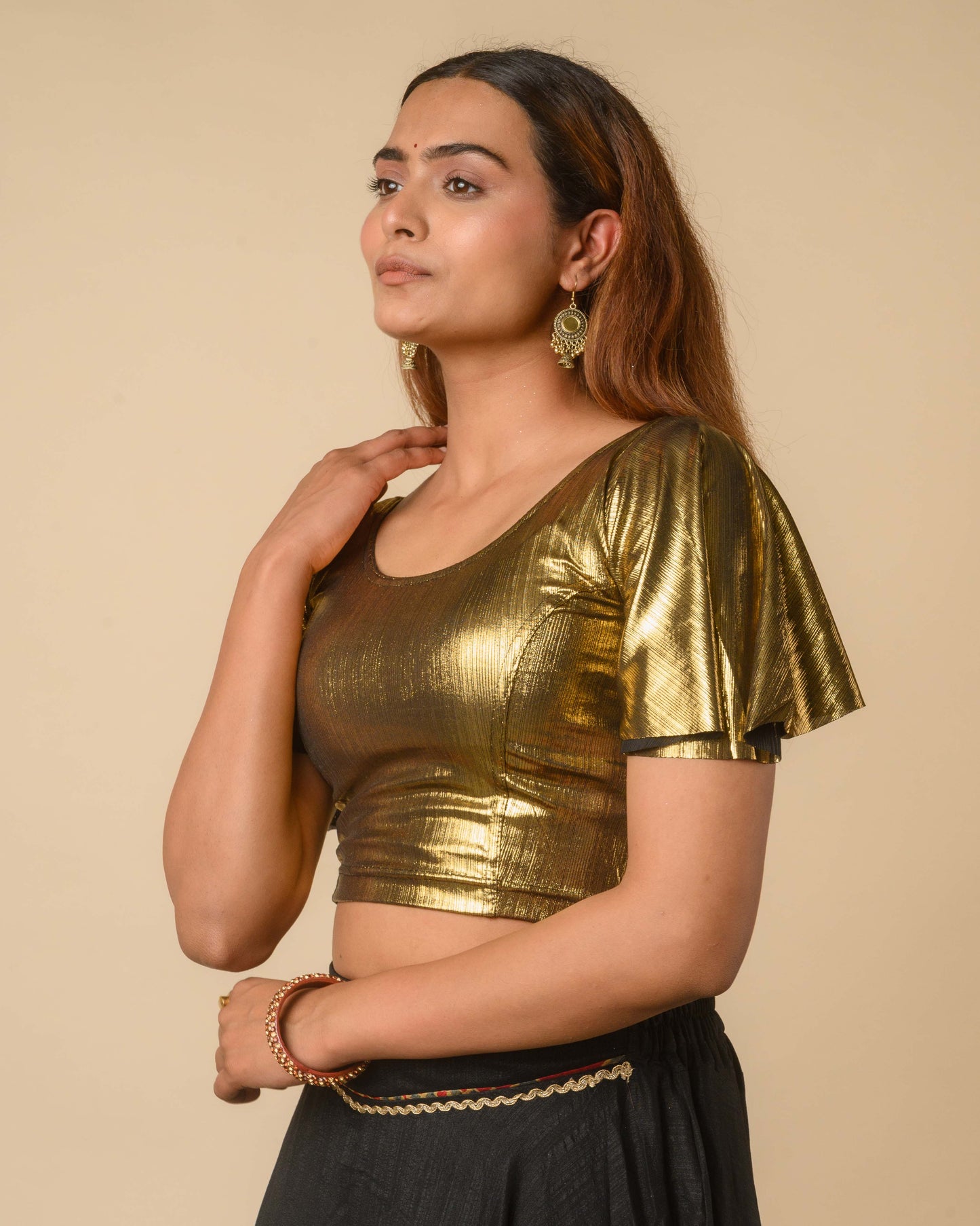 Nisha Metallic Black Gold Shiny Bell Sleeve Stretchable Slip On Party Blouse Advi