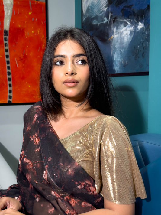 Nisha Metallic Dark Gold Shiny Bell Sleeve Stretchable Slip On Party Blouse Advi