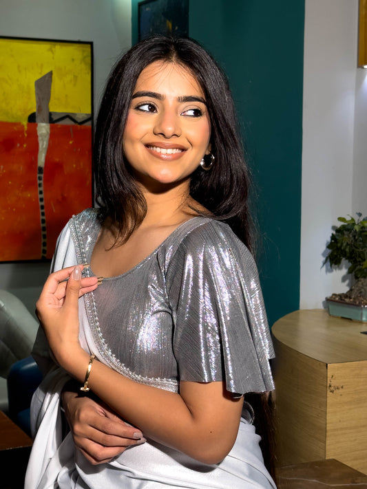 Nisha Metallic Silver Black Shiny Bell Sleeve Stretchable Slip On Party Blouse Advi