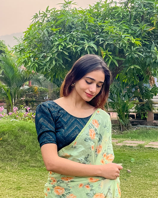  Model pairing the blouse with a saree or skirt for a festive look