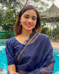Disha Navy Zig Zag Foil Puff Sleeve Everyday Wear Elbow Stretchable Blouse Advi