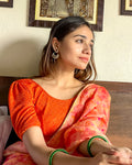 Disha Orange Wavy Gold Foil Round Neck Puff Sleeve Stretchable Blouse Advi