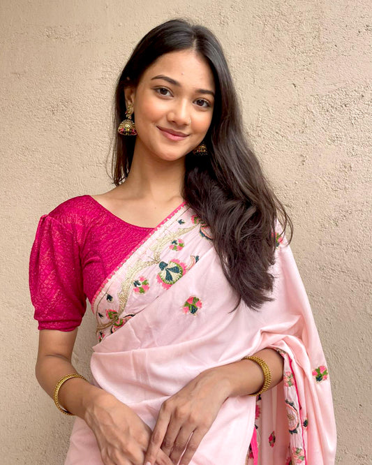 Model pairing the blouse with a saree or skirt for a festive look
