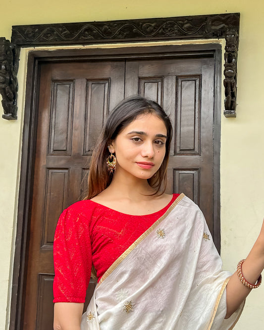 Model pairing the blouse with a saree or skirt for a festive look