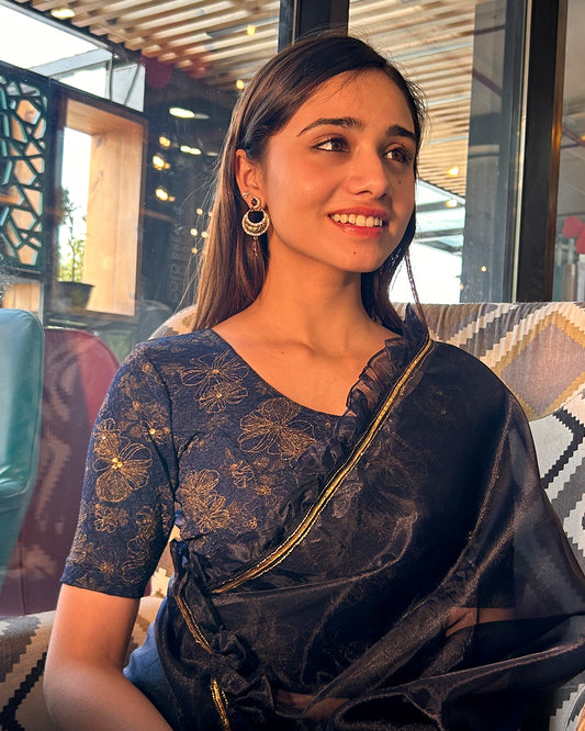 Model pairing the blouse with a festive saree for occasions