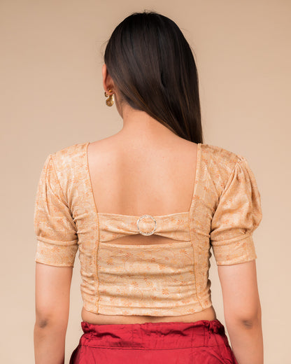 Rear view showcasing the buckle detail and peekaboo square back neckline