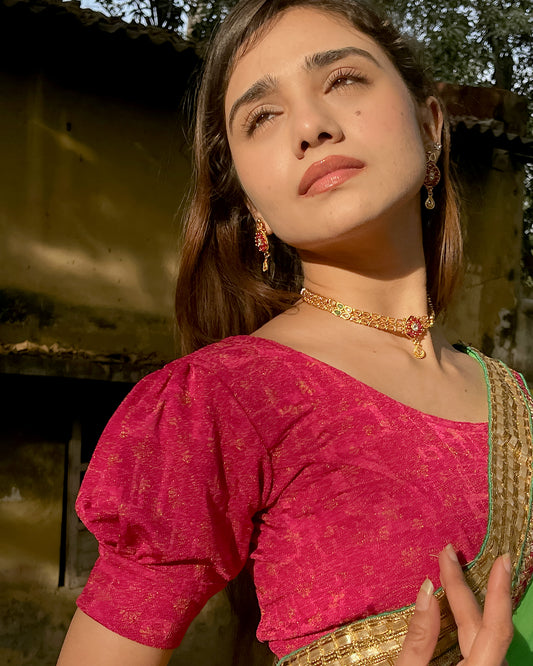 Model pairing the blouse with a saree for a refined festive look