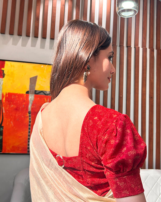 Model pairing the blouse with a saree for a refined festive look