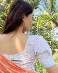 Leela White Embellished Buckle Back Metal Print Stretchable Blouse- Advi