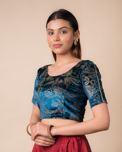 Side profile highlighting the fit, sleeve length, and velvet drape