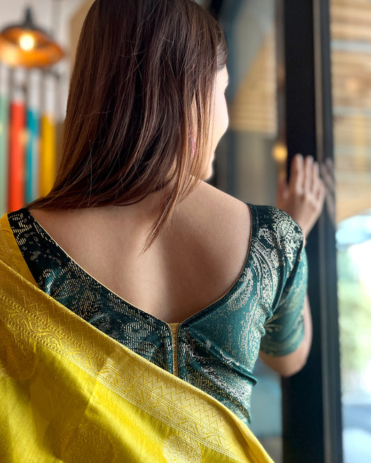 Model pairing the blouse with a festive saree for an elegant ethnic look