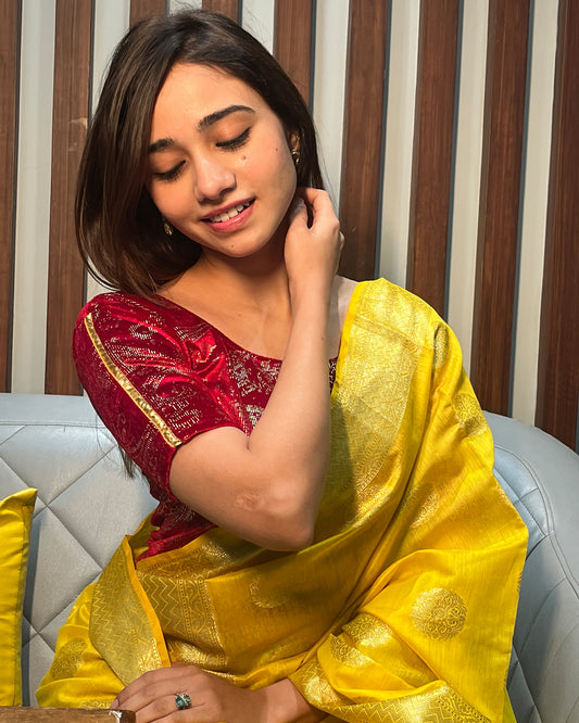 Model pairing the blouse with a festive saree for an elegant ethnic look