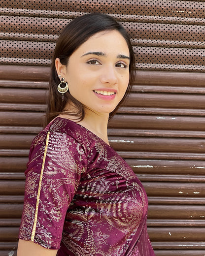 Model pairing the blouse with a festive saree for an elegant ethnic look