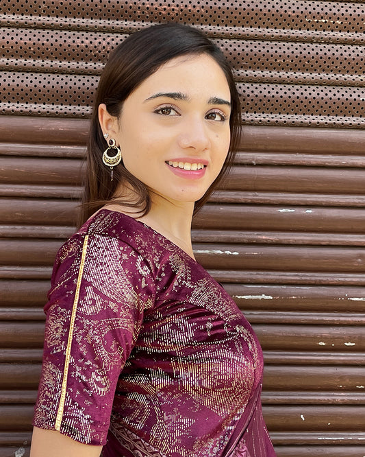 Model pairing the blouse with a festive saree for an elegant ethnic look