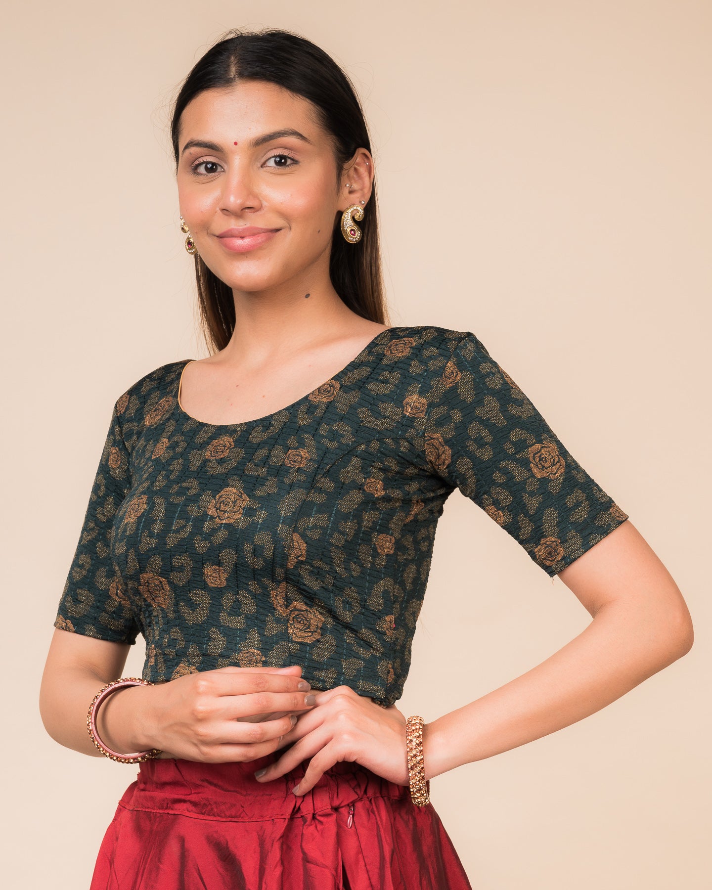 Kubra Gold Fancy Metallic Foil Stretchable Slip on Blouse