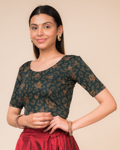 Kubra Gold Fancy Metallic Foil Stretchable Slip on Blouse