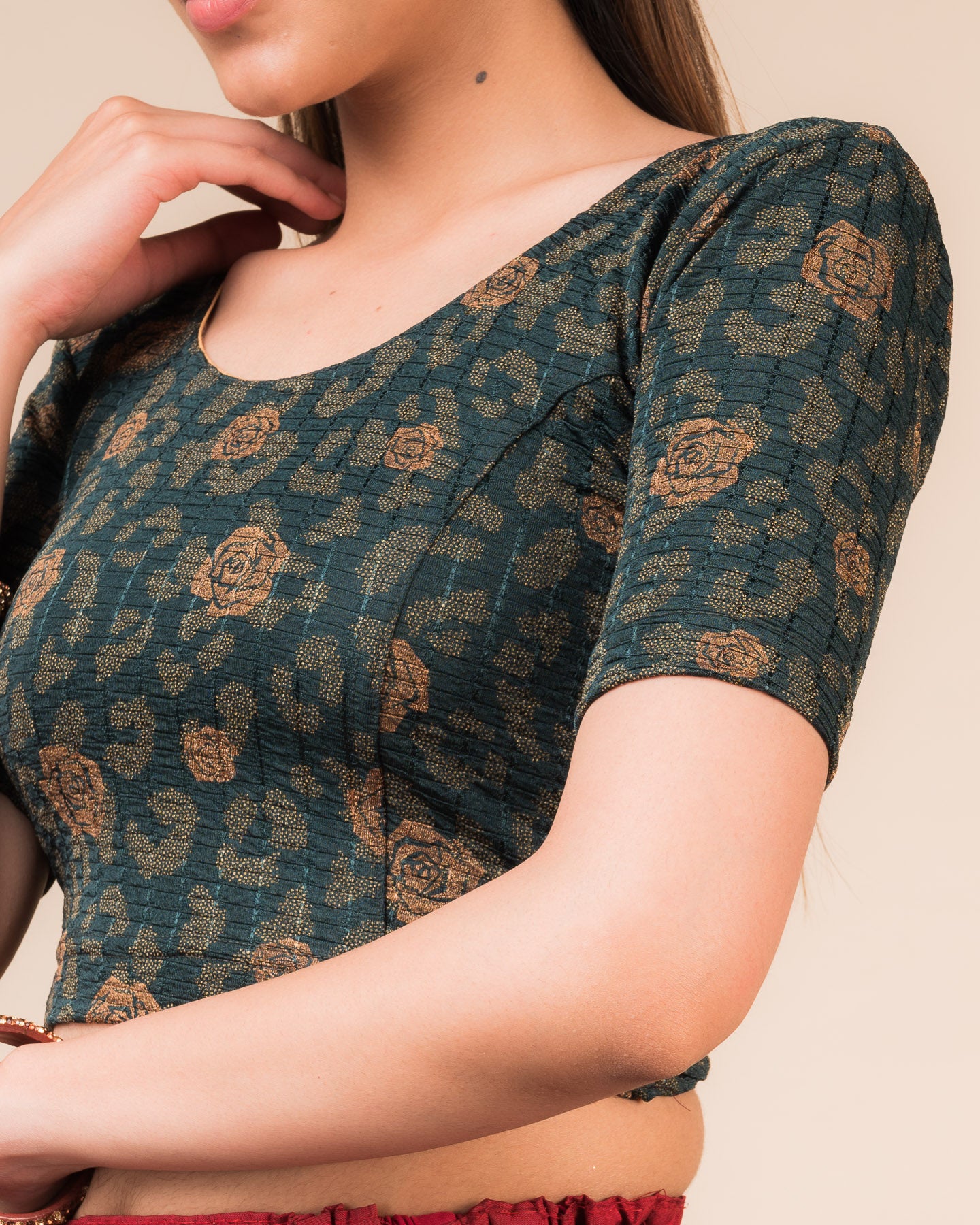 Kubra Gold Fancy Metallic Foil Stretchable Slip on Blouse