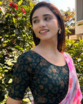 Kubra Bottle Green Floral Foil Blouse with Elbow Sleeves Stretchable Fit by Advi