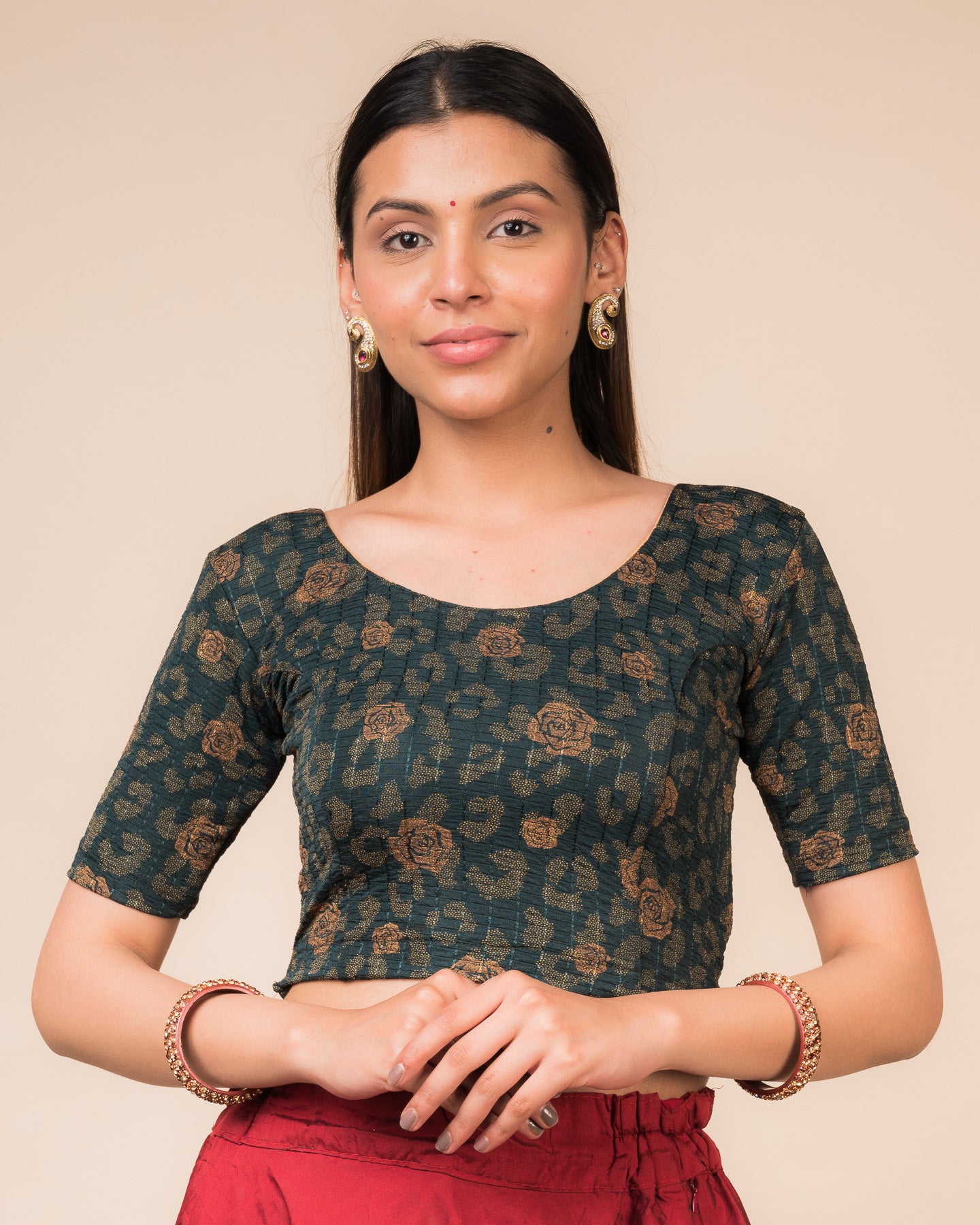 Kubra Gold Fancy Metallic Foil Stretchable Slip on Blouse