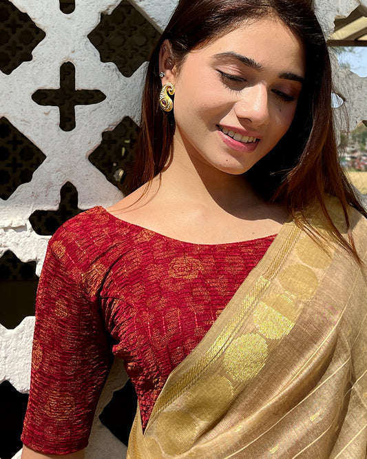 Model pairing the blouse with a saree for festive occasions