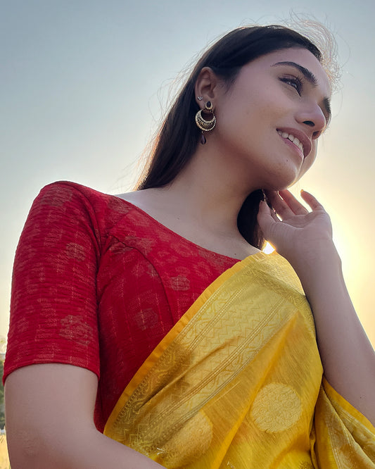 Model pairing the blouse with a saree for festive occasions