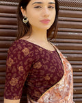 Kubra Wine Floral Gold Foil Blouse by Advi with Stretchable Fit and Elbow Sleeves