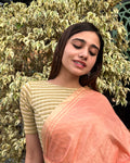Nupur Cream Zari Stripe Boat Neck Stretchable Elbow Sleeve Blouse Advi
