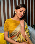 Nupur Mustard Boat Neck Zari Gold Silver Stripe Elbow Sleeve Blouse Advi