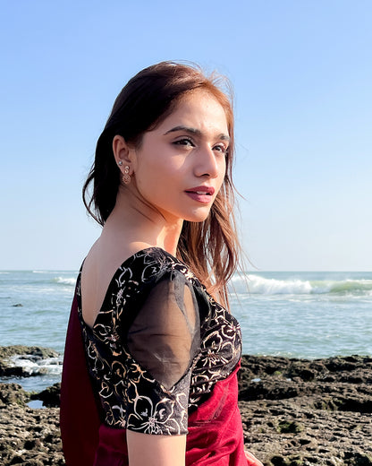 Model pairing the blouse with an ethnic saree for a festive look