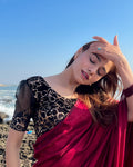 Kaanvi Black Velvet Slip On Blouse with Rose Gold Floral Puff Sleeve Advi