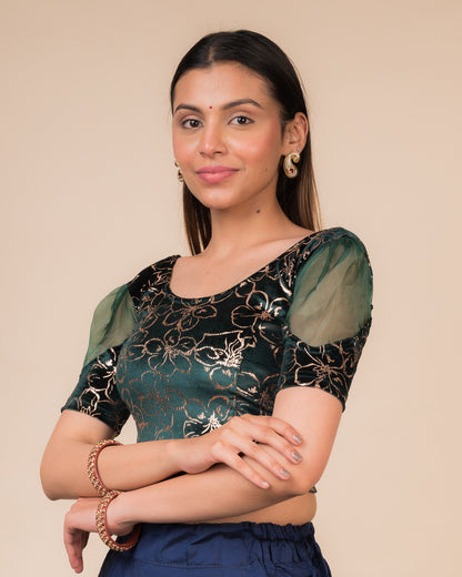 Kaanvi Velvet Rose Gold Floral Puff Sleeve Stretchable Slip On Blouse