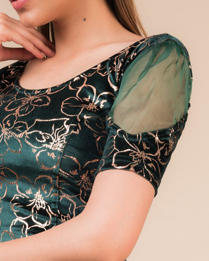 Kaanvi Velvet Rose Gold Floral Puff Sleeve Stretchable Slip On Blouse