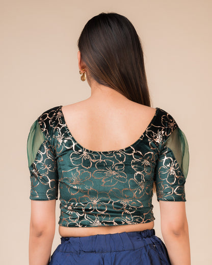 Kaanvi Velvet Rose Gold Floral Puff Sleeve Stretchable Slip On Blouse