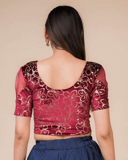 Rear view showcasing the back design and velvet drape