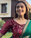 Kaanvi Maroon Velvet Blouse with Gold Floral Puff Sleeve Slip On Advi