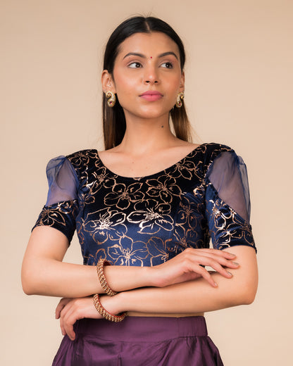 Kaanvi Velvet Rose Gold Floral Puff Sleeve Stretchable Slip On Blouse
