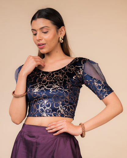Kaanvi Velvet Rose Gold Floral Puff Sleeve Stretchable Slip On Blouse