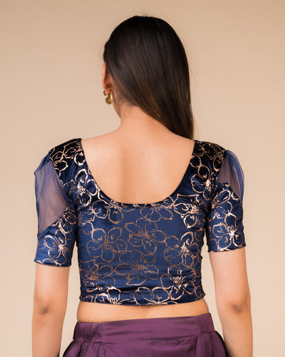 Kaanvi Velvet Rose Gold Floral Puff Sleeve Stretchable Slip On Blouse